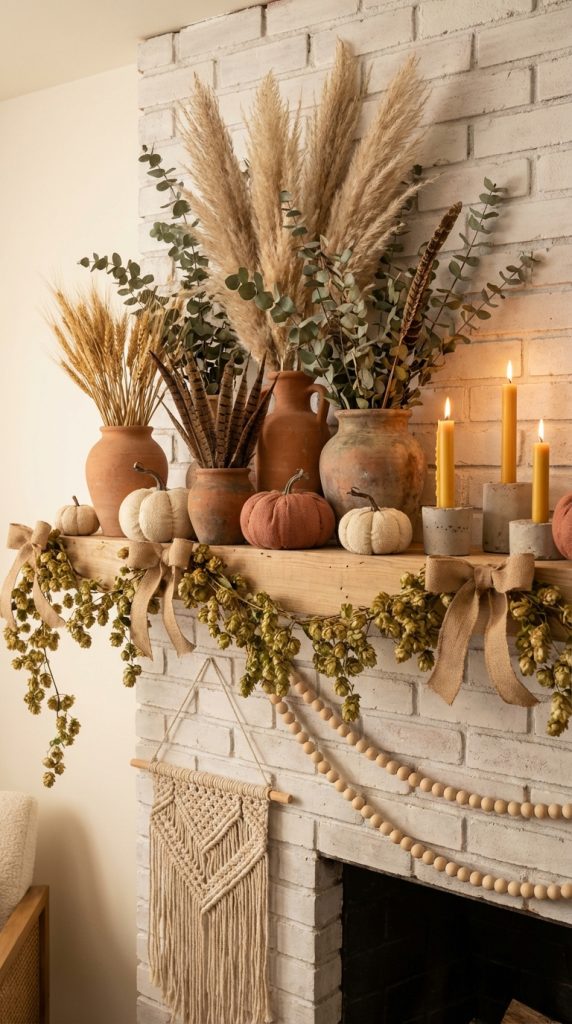 Thanksgiving mantel styling idea with white brick fireplace, terracotta vases of pampas and wheat, burlap bows, hanging hops garland, fabric pumpkins, wood bead strand, and lit taper candles.
