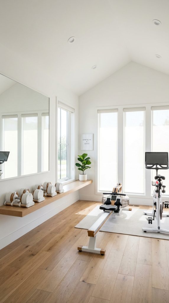 Modern neutral home gym decor idea with rower and spin bike, floating dumbbell shelf, large mirror wall, natural window light, potted plant, and warm hardwood flooring.