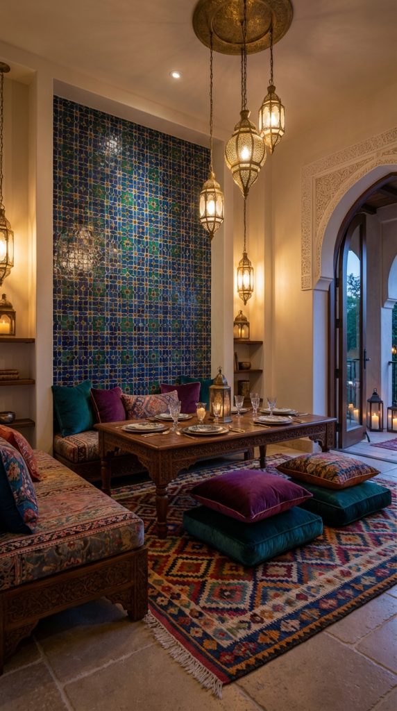 A beautifully decorated indoor space featuring a colorful tiled wall, ornate lanterns hanging from the ceiling, and a low wooden table set with silver plates and crystal glasses. Plush cushions in rich colors and a patterned rug adorn the seating area, creating a cozy and inviting atmosphere.