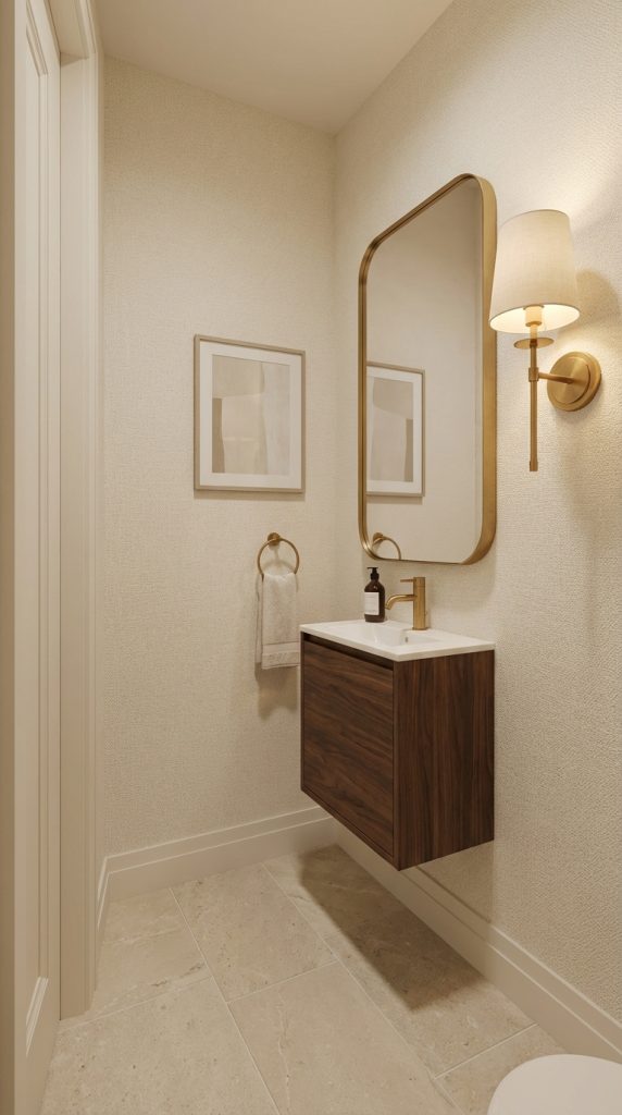 Modern neutral bathroom idea featuring wall-mounted wood vanity, brass fixtures, fabric wall sconce, textured walls, and light stone flooring.