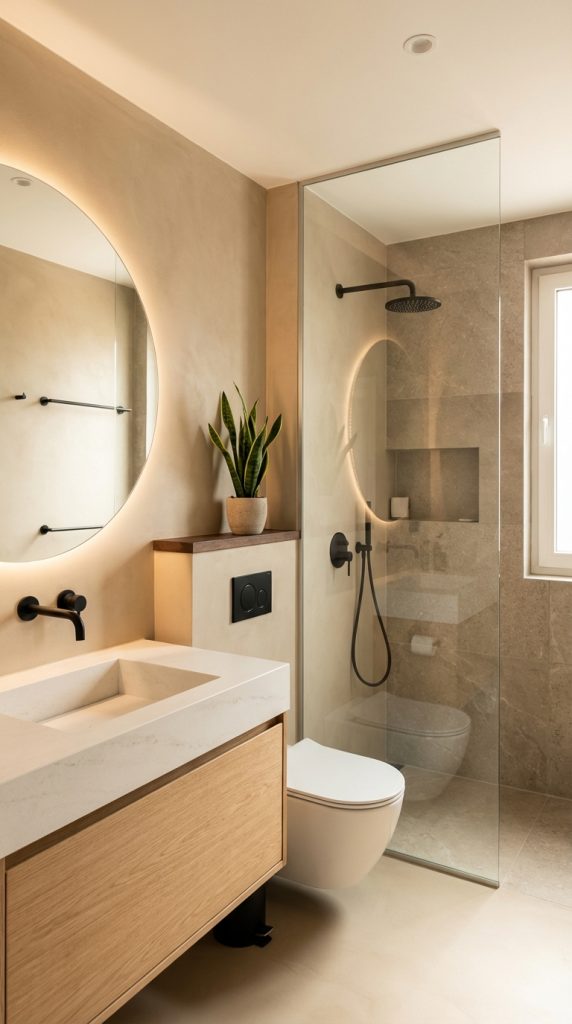 Modern neutral bathroom idea featuring matte black fixtures, floating wood vanity, backlit round mirror, glass shower enclosure, and beige stone tile.