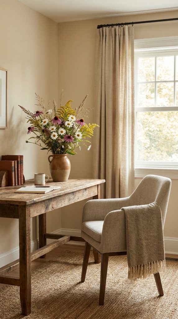 Transitional home office idea with rustic reclaimed wood desk, beige upholstered chair, wildflower arrangement in clay vase, linen curtains, leather books, and woven jute rug.