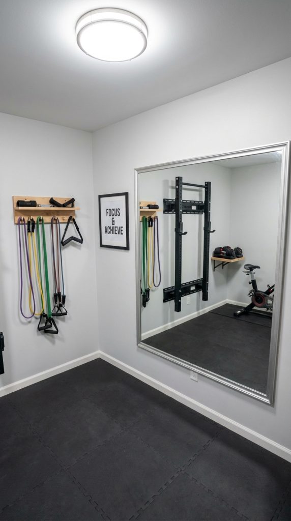 Organized home gym decor idea with silver-framed wall mirror, wooden shelves, mounted resistance bands, compact rack system, black foam floor tiles, and home workout setup.