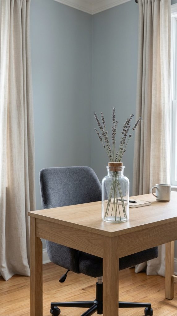 Bright transitional home office idea featuring oak desk, gray office chair, dried lavender in glass jar, blue walls, linen curtains, and warm wood flooring.