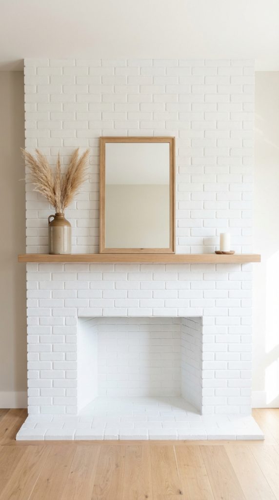 Minimalist farmhouse mantel decor idea with white painted brick fireplace, natural wood mantel, wood-framed mirror, pampas grass, and single candle.