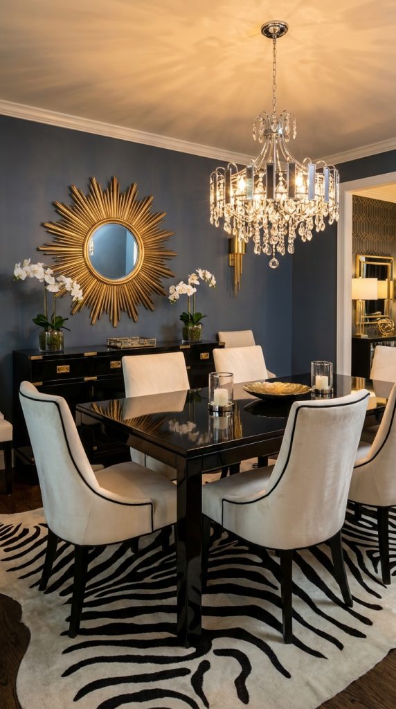 Navy and gold dining room with glam dining room idea featuring crystal chandelier, black lacquer table, cream chairs with black trim, sunburst mirror, and zebra rug.