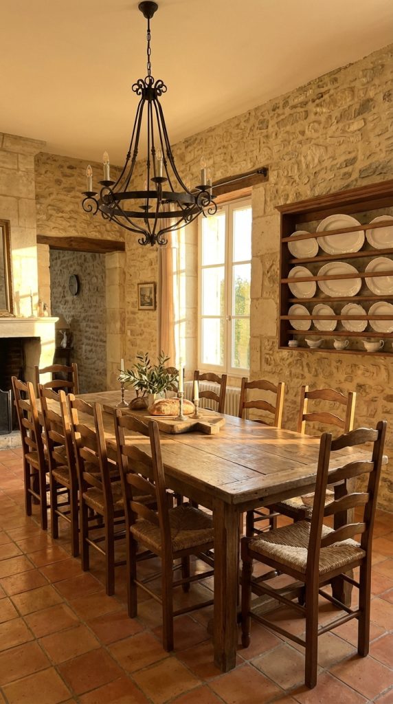 Rustic French country dining room idea featuring stone walls, iron chandelier, plank wood dining table, woven rush chairs, built-in plate rack, and terracotta tiles.