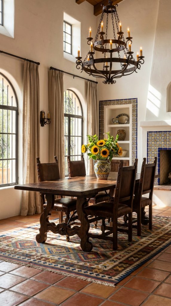 Mediterranean dining room idea featuring blue tile fireplace, wooden scroll-leg table, iron chandelier, arched windows, and terracotta flooring.