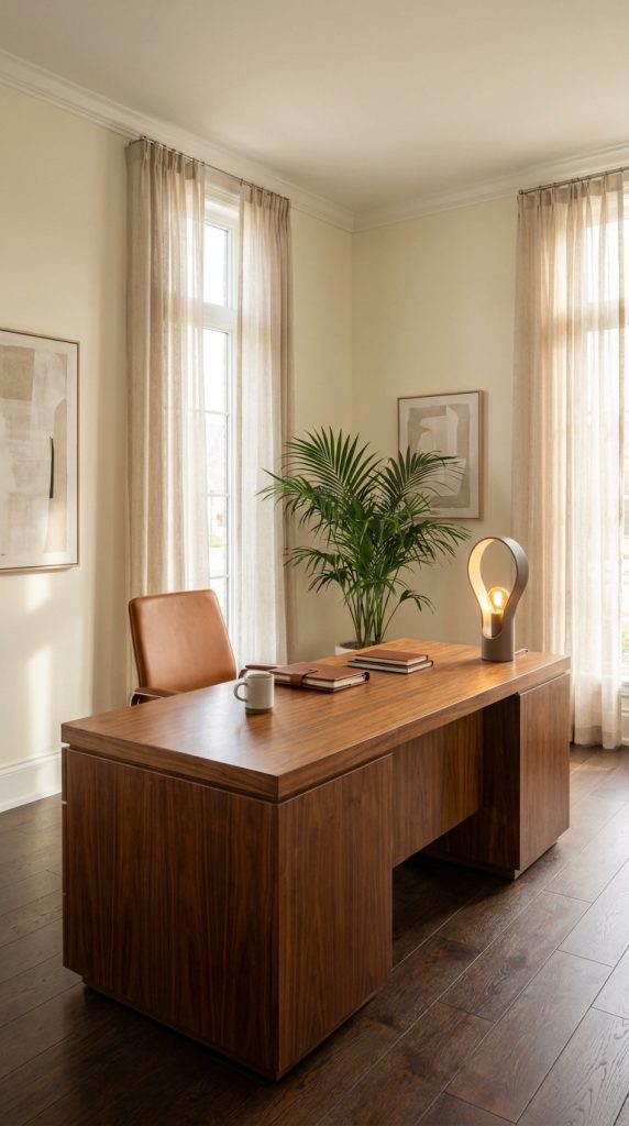 Elegant transitional home office idea with walnut executive desk, tan leather chair, modern sculptural lamp, abstract wall art, palm plant, and sheer curtains.
