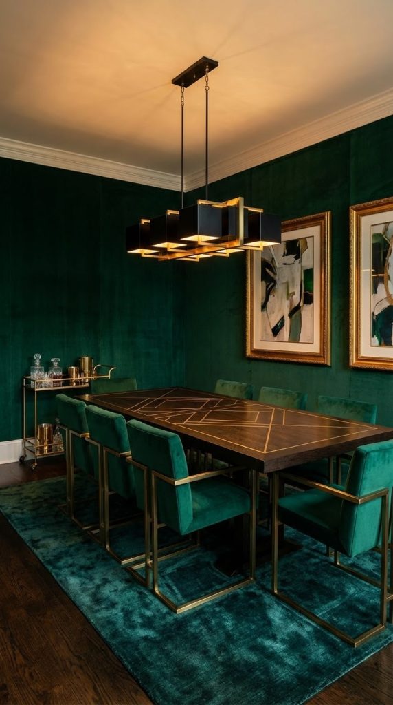 Moody dining room idea styled with emerald velvet chairs, brass framed seating, dark wood geometric dining table, black and gold chandelier, green area rug, and brass bar cart.