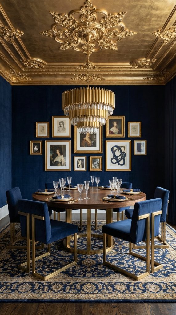 Baroque glam dining room with gold ceiling detailing, crystal chandelier, navy walls, gallery wall in gold frames, and round wooden table with blue velvet chairs.