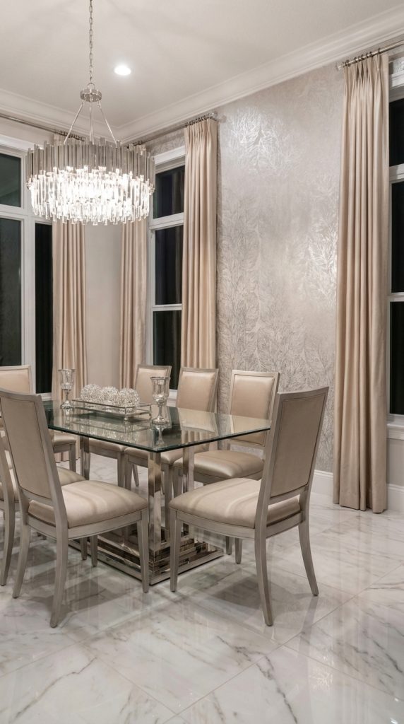 Champagne-toned dining room featuring glam dining room idea with crystal chandelier, glass dining table, chrome pedestal base, textured wallpaper, and neutral drapes.