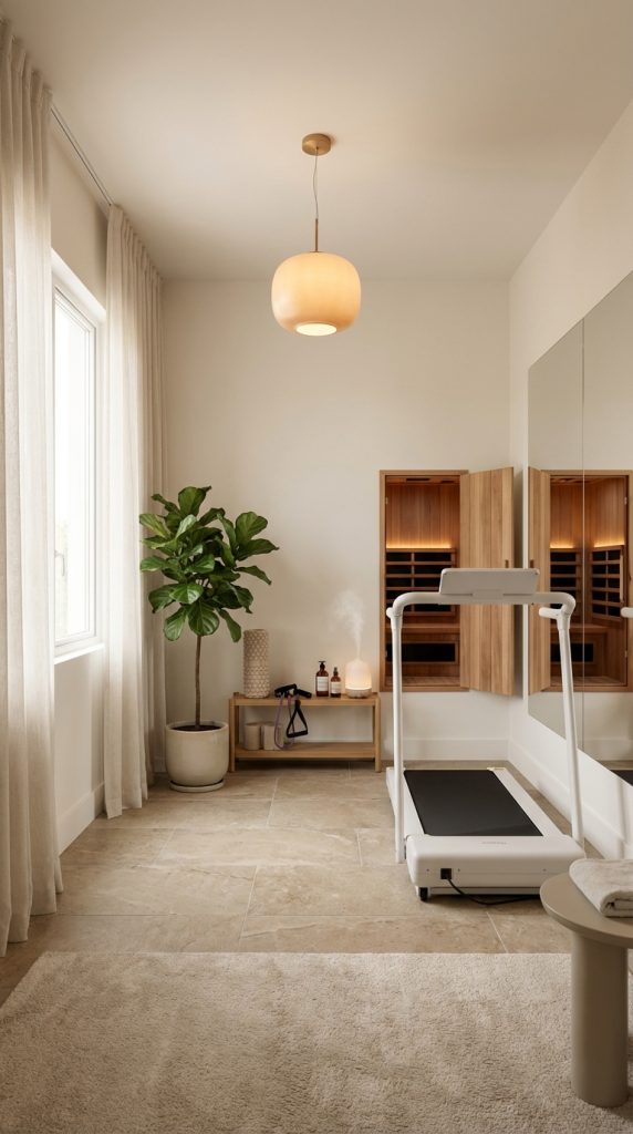 Neutral luxury home gym decor idea with treadmill on tile floor, illuminated wood sauna cabin, large wall mirror, pendant lighting, and calming spa-style accents.