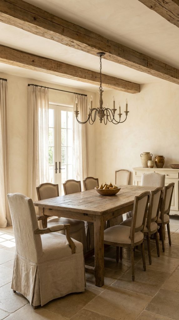 French country dining room idea featuring exposed wood ceiling beams, rustic farmhouse table, linen upholstered dining chairs, iron chandelier, limestone tile floors, and soft neutral plaster walls.