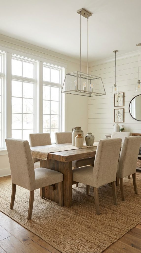 Transitional dining room idea showcasing plank wood pedestal table, sand linen chairs, chunky jute rug, glass pendant lights, and nickel chandelier.