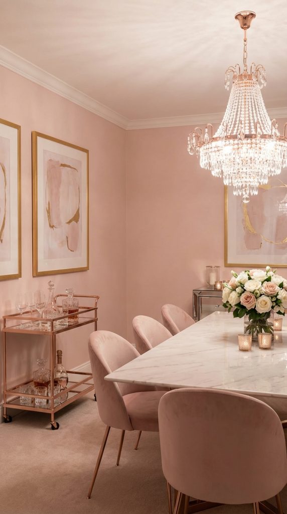 Romantic pink dining space featuring glam dining room idea with crystal chandelier, marble tabletop, blush upholstered chairs, floral centerpiece, and mirrored console.