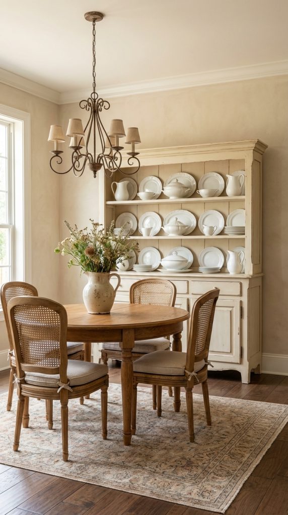 French country dining room idea featuring a round wood pedestal table, cane-back dining chairs, vintage white hutch with ironstone plates, scroll-arm chandelier, and warm neutral walls.