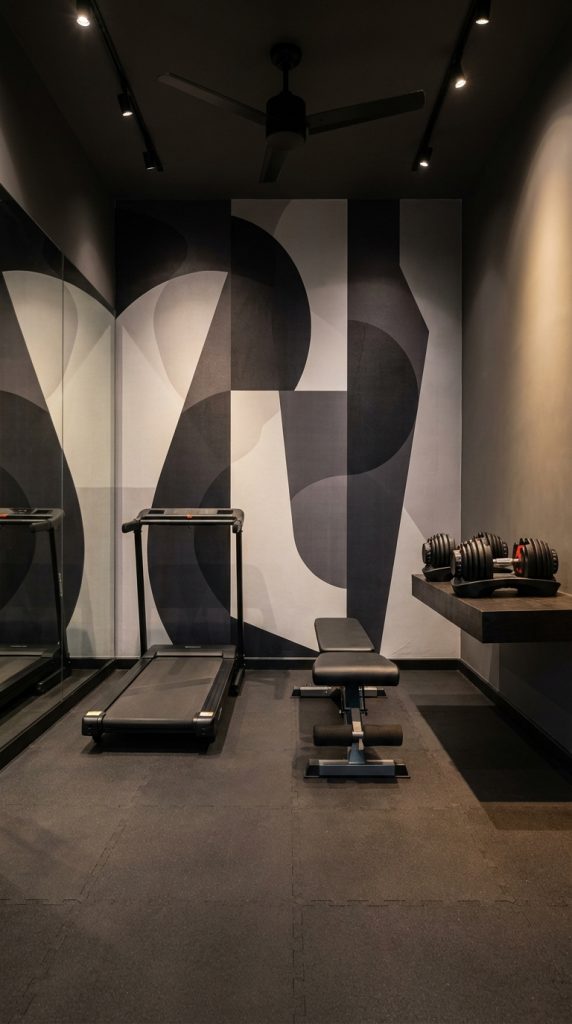 Modern monochrome home gym decor idea with geometric black and gray accent wall, treadmill, adjustable bench, floating dumbbell shelf, mirrored wall, track lighting, and black rubber flooring.