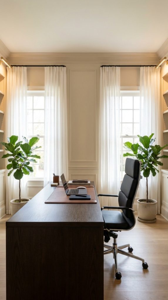 Transitional home office idea featuring dark wood executive desk, ergonomic office chair, leather desk mat, sheer curtain windows, and matching fiddle leaf fig plants.