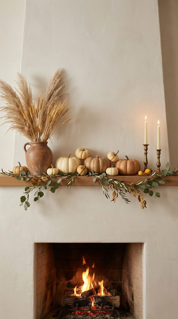 A cozy fireplace scene featuring a wooden mantel decorated with various pumpkins, including white and orange ones, alongside a terracotta jug and dried pampas grass. Two lit candles stand on either side of the pumpkins, while a fire burns in the fireplace below, creating a warm ambiance.