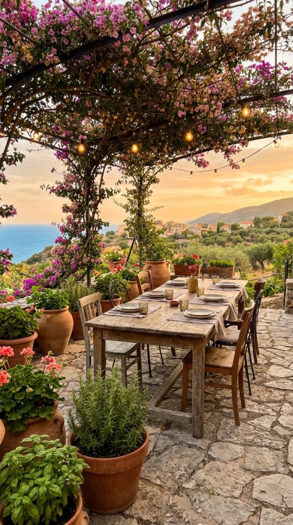 Mediterranean dining room idea on a seaside terrace with bougainvillea pergola, wooden dining table, terracotta planters, café lights, and coastal village backdrop.