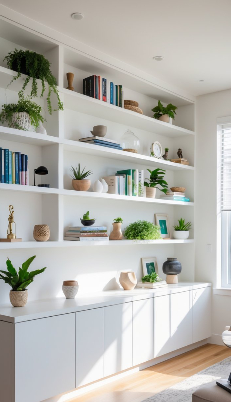 A modern white shelving unit filled with a variety of books, decorative items, and potted plants, illuminated by natural light from a nearby window.