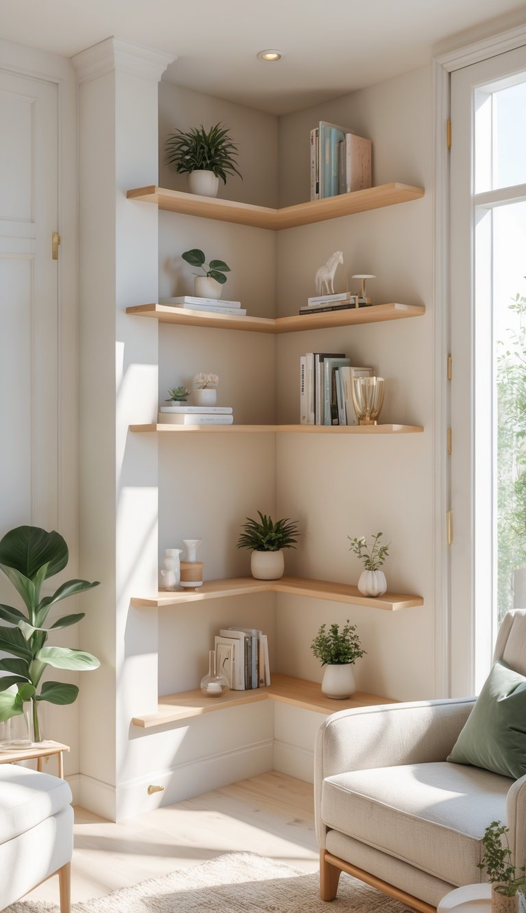 A stylish corner shelf unit with multiple wooden shelves displaying various plants, books, and decorative items in a bright living space. A cozy light-colored armchair is positioned nearby.