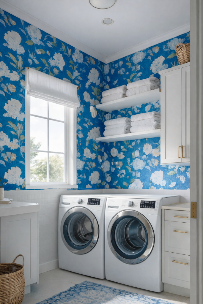 A bright laundry room featuring blue floral wallpaper, a striped window shade, white shelves holding neatly stacked towels, and a pair of modern front-loading washing machines next to a light-colored countertop and storage cabinet.