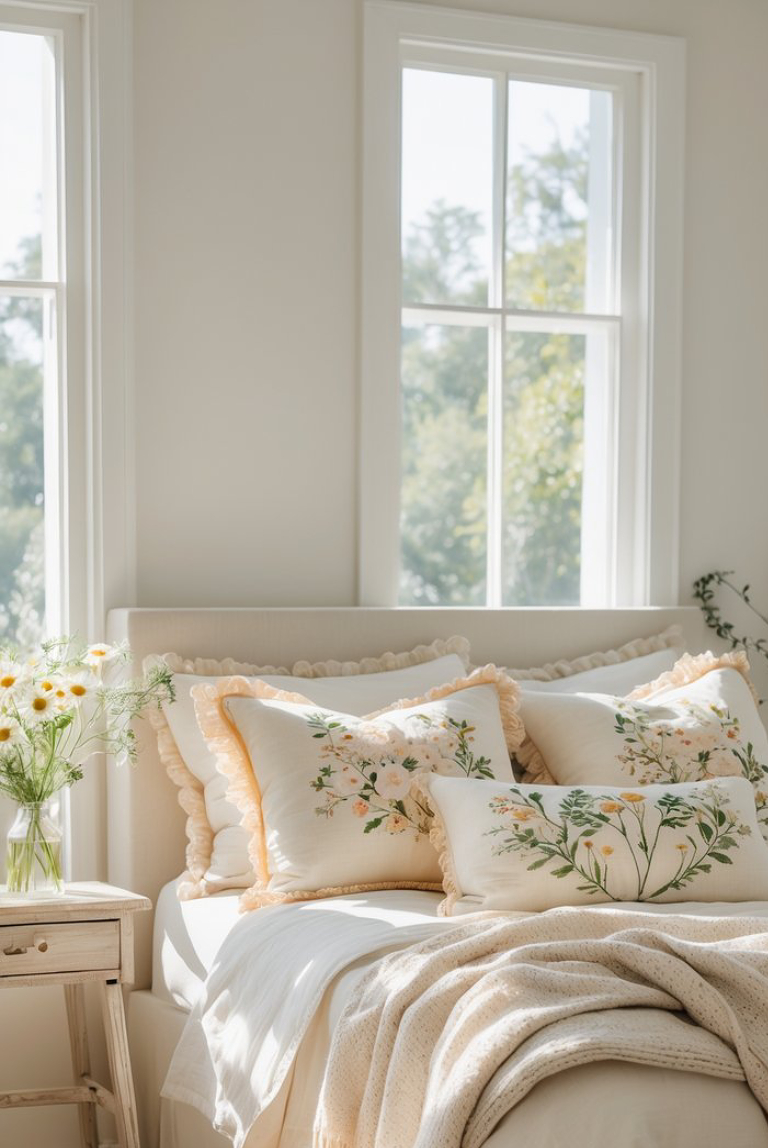 A serene bedroom featuring a bed adorned with decorative pillows in soft pastel colors, displaying floral embroidery. Sunlight streams in through large windows, illuminating a bedside table with a vase of fresh flowers, while a cozy blanket drapes over the edge of the bed.