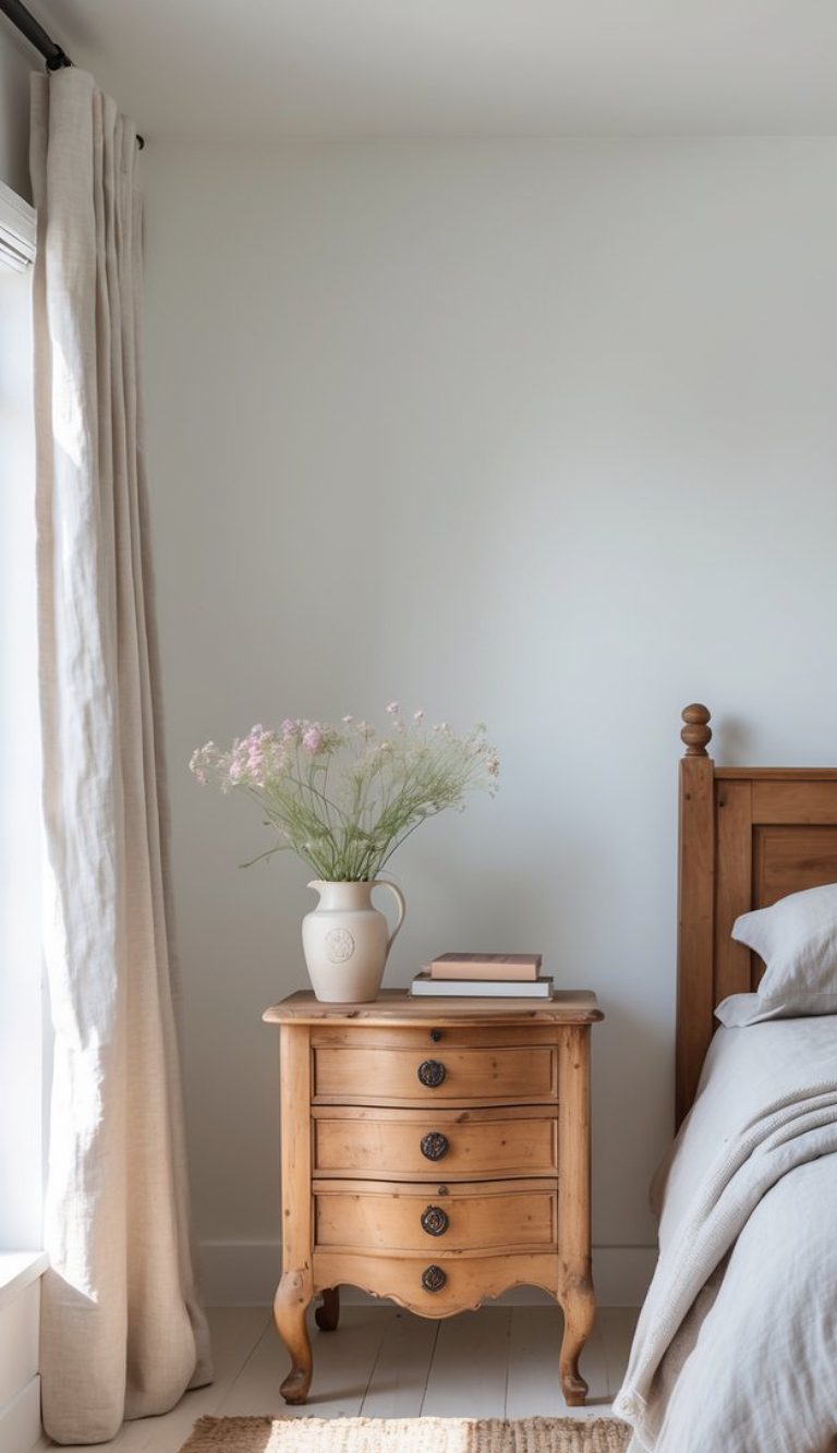 A cozy bedroom scene featuring a wooden nightstand with three drawers, adorned with a cream-colored vase holding pink flowers and two stacked books on top; a light-colored bed with a textured blanket and soft pillows is visible next to the nightstand, with light-colored curtains framing a window in the background.