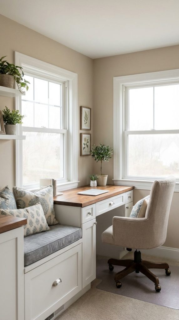 Transitional home office idea with cream built-in desk, butcher block wood countertop, beige swivel chair, window bench with patterned pillows, and white-trimmed corner windows.