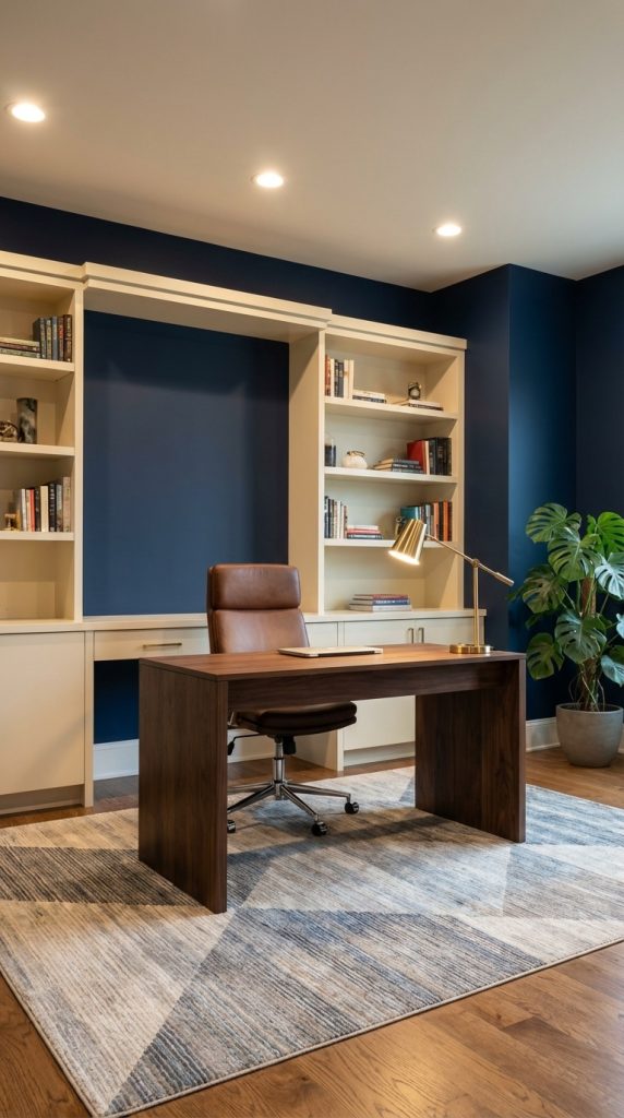 Transitional home office idea with navy accent wall, off-white built-in bookshelves, solid walnut desk, brown leather swivel chair, brass desk lamp, and geometric area rug on hardwood floors.