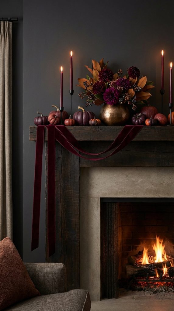 Dramatic Thanksgiving mantel styling idea featuring gray walls, rustic wood mantel, purple floral arrangement in brass bowl, velvet ribbon, and jewel-toned pumpkins with candlelight.