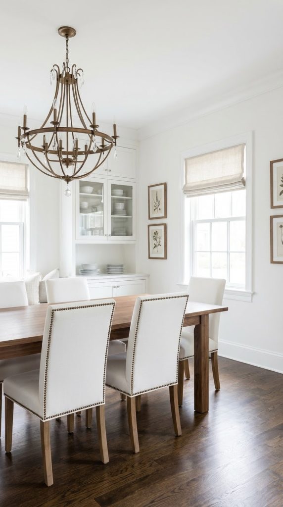 Transitional dining room idea with white millwork walls, glass front built in cabinet, walnut wood dining table, ivory upholstered chairs with nailheads, espresso hardwood flooring, botanical prints, and aged brass chandelier.