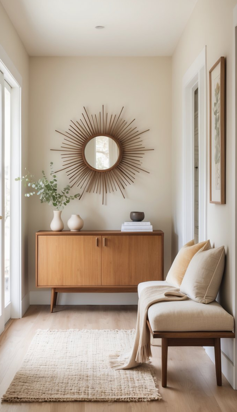 A modern hallway featuring a wooden sideboard with a round mirror above it, adorned with sunburst rays. A vase with greenery is on the sideboard, along with a small bowl and stacked books. A light-colored bench with plush cushions is nearby, draped with a soft throw, and a textured rug is positioned on the light wooden floor.