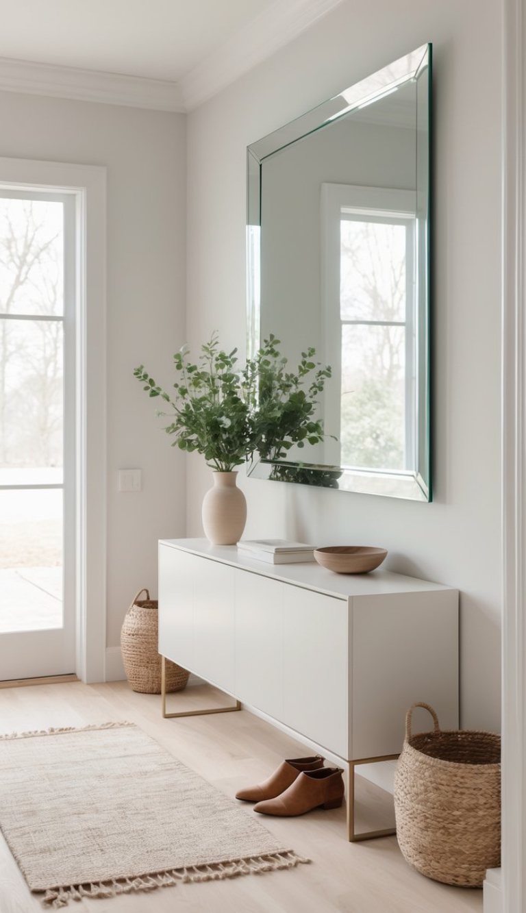 A light-colored entryway with a large, rectangular mirror above a white console table. The table features a beige vase with greenery, a wooden bowl, and stacked books. Two woven baskets are displayed on either side, and a pair of brown boots rests on a textured rug on the floor.