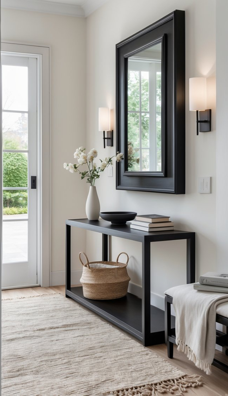 A modern entryway featuring a black console table adorned with a vase of flowers, a bowl, and stacked books, beside a large mirror framed in black. On the floor, a light-colored rug with fringes complements the space, while a woven basket sits on the console. The wall is decorated with wall sconces, and a glass door leads outside, providing natural light.