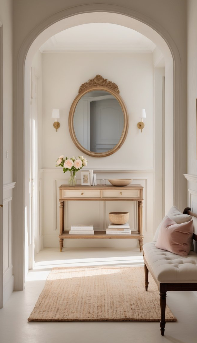 A softly lit entryway featuring an arched doorway, a round golden mirror on the wall above a wooden console table. The table holds a vase of pink roses and decorative items, with a woven basket underneath. To the side, a cream-colored tufted sofa is placed on a textured beige rug.