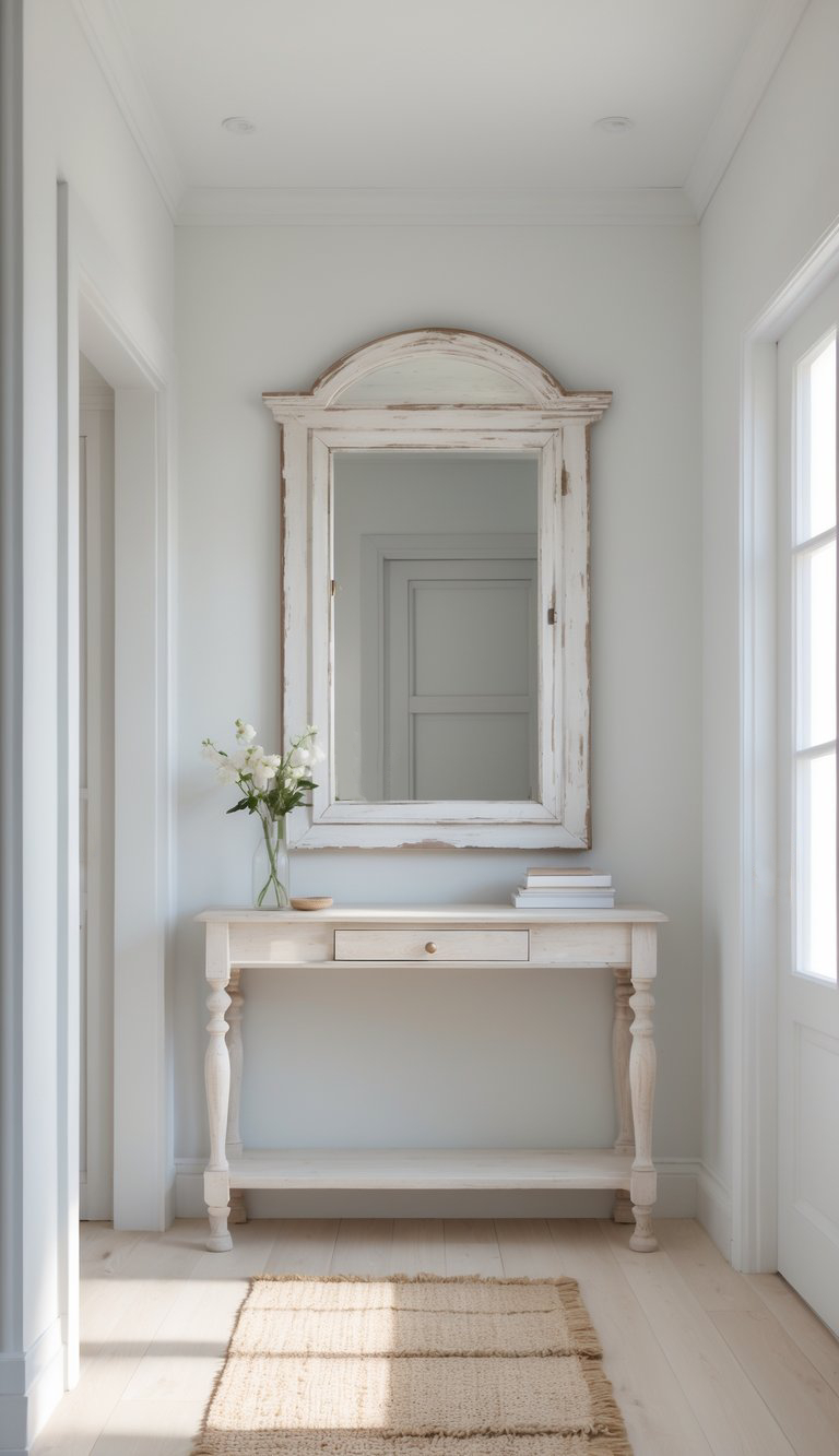 A light, airy hallway featuring a pale wooden console table with a single drawer, adorned with a vase of flowers and stacked books. Above the table hangs a large, distressed mirror with an arched top, reflecting a door in the background. Soft sunlight casts gentle shadows on a woven rug on the wooden floor.