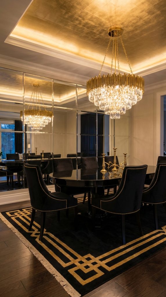 Art deco luxe dining room showing glam dining room idea with gold leaf ceiling, crystal chandelier, black round table, and velvet chairs.