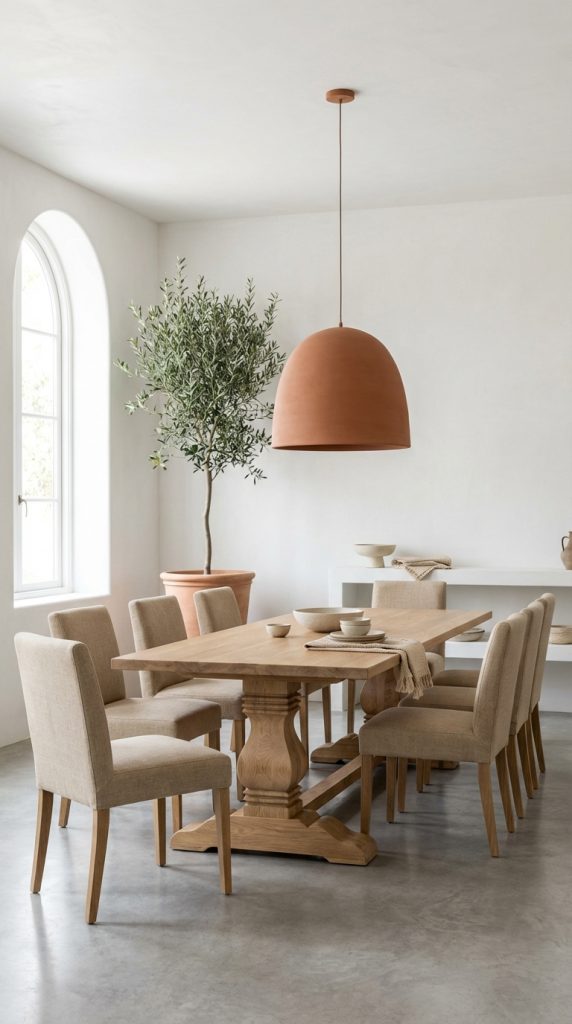 Mediterranean dining room idea with terracotta pendant light, wood trestle table, beige upholstered chairs, arched window, olive tree, and concrete floor.