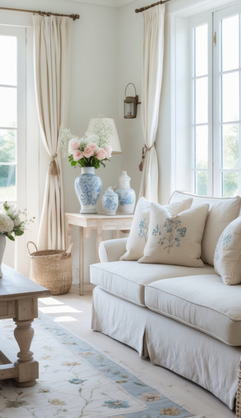 A cozy living room featuring a white sofa with floral pillows, a small wooden table with decorative blue and white vases, a lamp with roses, and sheer curtains framing a window that offers a view of greenery outside.