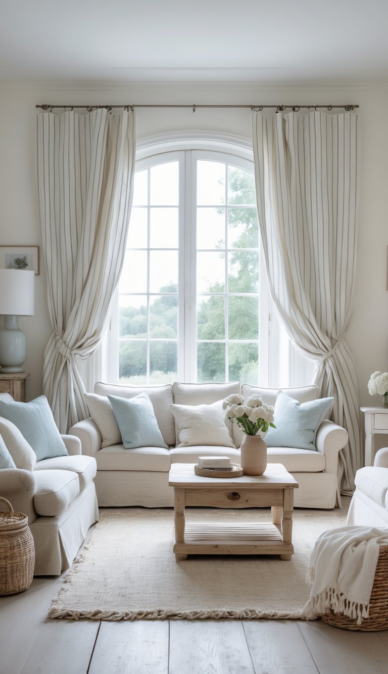 A cozy living room featuring two white sofas with light blue cushions, a wooden coffee table, and a vase of white flowers. Large windows with striped curtains allow natural light to fill the room, and a jute rug is placed on the wooden floor.