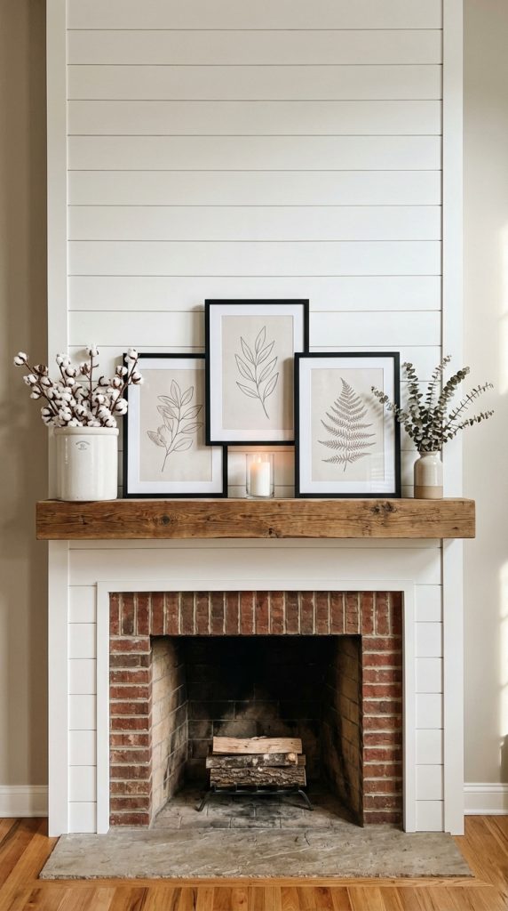 Layered farmhouse mantel decor idea with shiplap fireplace, wood beam mantel, framed leaf prints, cotton stems, and brick interior.