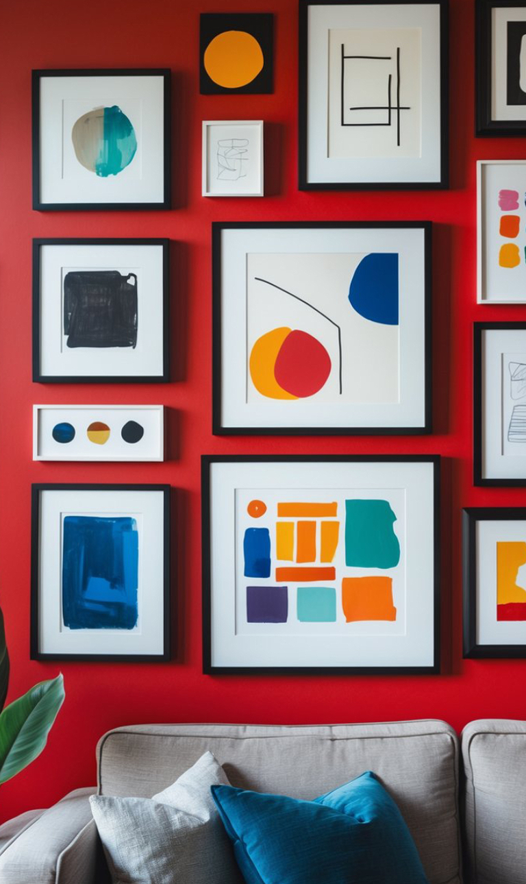 A colorful gallery wall featuring various abstract artworks in black frames, set against a bright red wall. The artworks include geometric shapes and bold colors like blue, orange, yellow, and green. A light gray sofa with turquoise and blue cushions is partially visible at the bottom of the image.