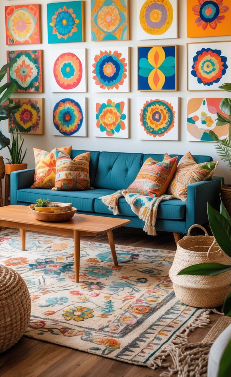 A vibrant living room featuring a teal couch adorned with colorful patterned pillows, a wooden coffee table, and a decorative rug with floral designs. The wall behind is decorated with a grid of bright abstract paintings, and there are potted plants in the corners.