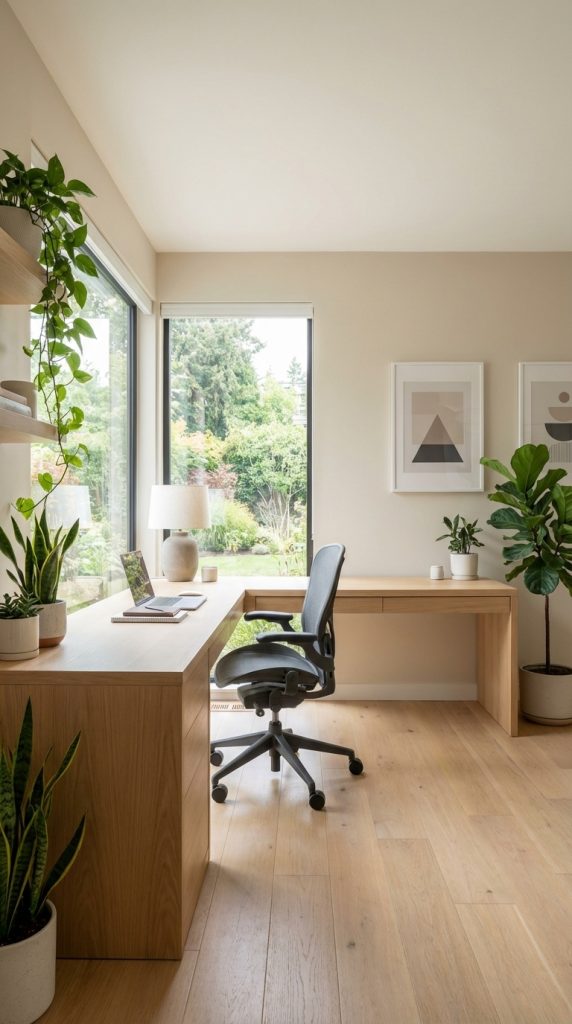 Bright transitional home office idea featuring oak corner desk, mesh office chair, large picture window with garden view, floating shelves, and multiple potted plants.