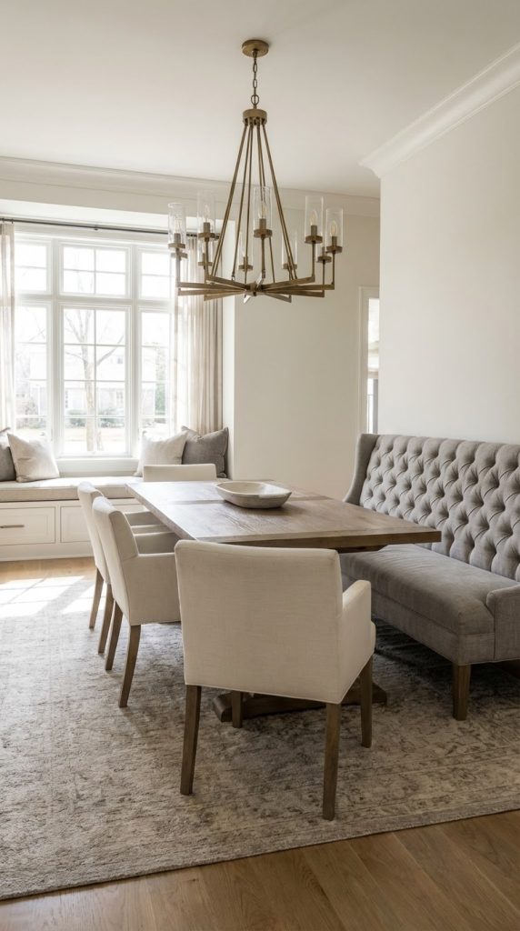 Transitional dining room idea with wood dining table, gray tufted bench, linen upholstered chairs, neutral distressed rug, built in window seat, brass chandelier with glass cylinders, and oak flooring.