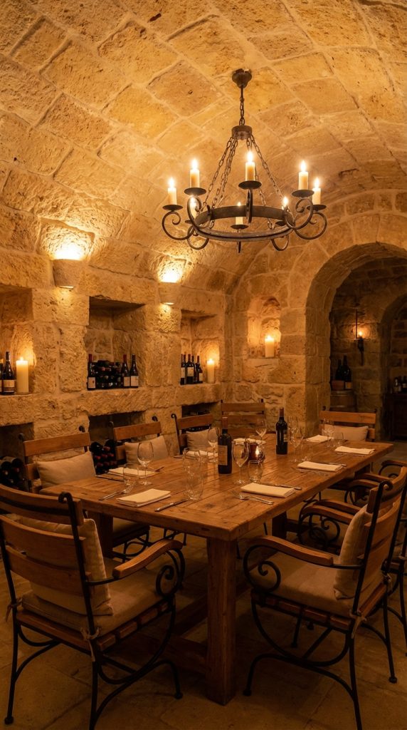 Mediterranean dining room idea featuring stone archways, wooden dining table, iron scroll chairs, wall wine niches, and candlelit chandelier.