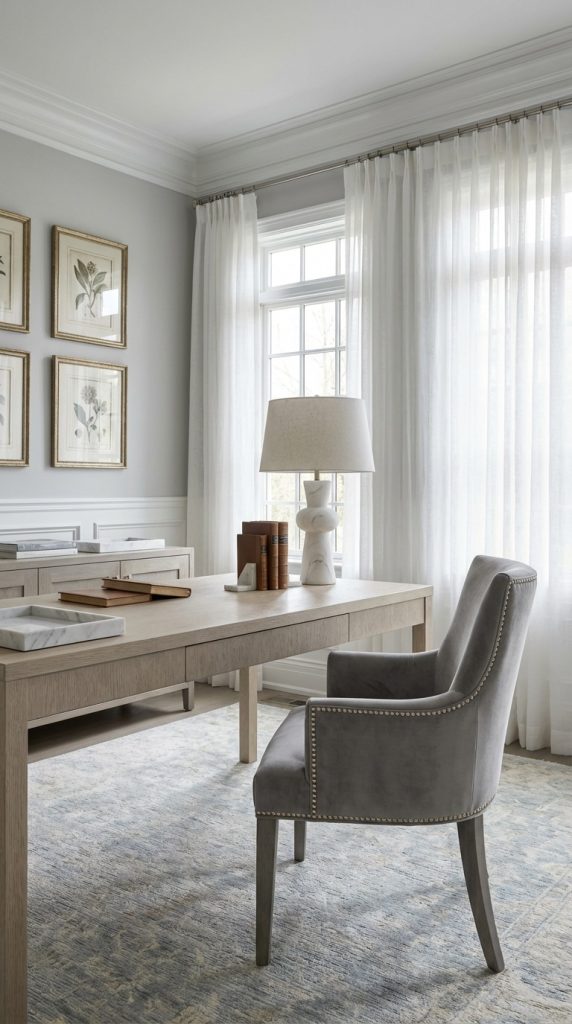 Elegant transitional home office idea featuring light wood desk, gray upholstered nailhead chair, botanical wall art, ceramic lamp, white trim, and flowing linen curtains.